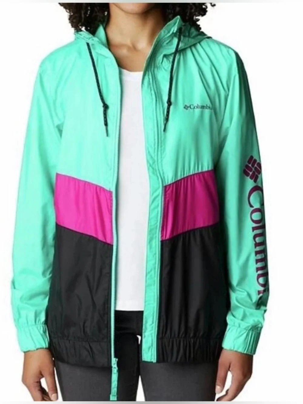 Columbia Green, Magenta & Black Colorblock- Sandy Sail Rain Jacket